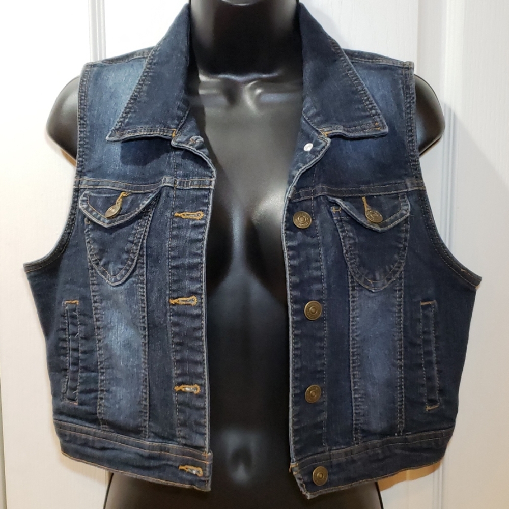 Blue Dark Wash Denim Vest L - Picture 2 of 5